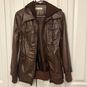 Pleather jacket. Brown with hood. Junior size small.
